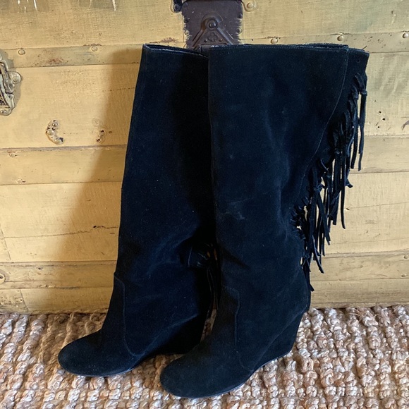 FREE PEOPLE 100% SUEDE LEATHER FRINGE TALL KNEE BOOTS FRINGE WEDGE - Picture 3 of 13